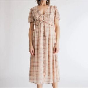 Farrow Plaid Button-Down Midi Dress Empire Waist Cottagecore